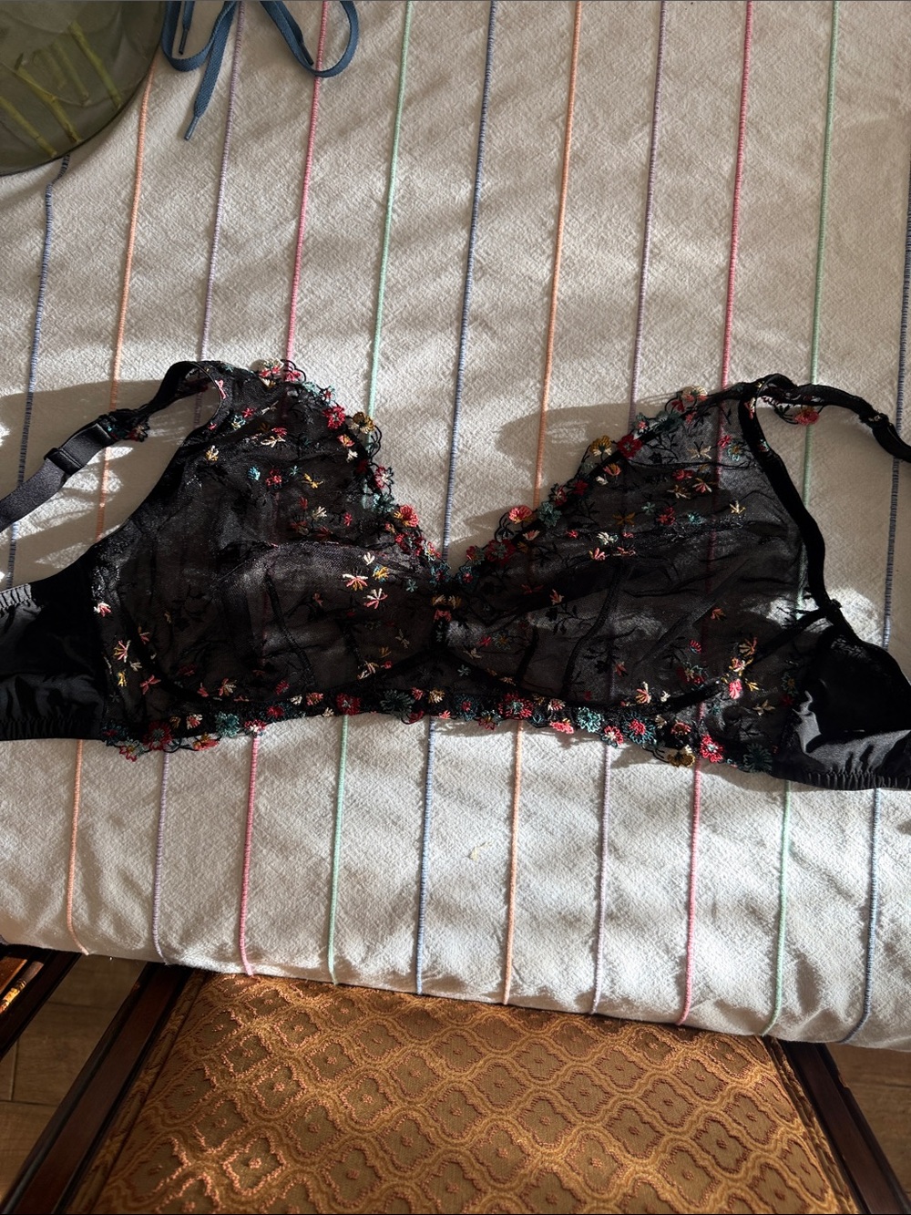 Cosabella Black Sheer Bralette with Multicolor Floral Embroidery